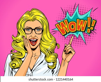 Pop art pretty surprised blonde girl with glasses and open mouth pointing at comic speech bubble Wow wording vector illustration