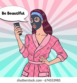 Pop Art Pretty Woman with Black Mask on her Face. Skin Care and Beauty. Vector illustration