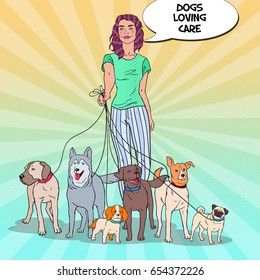 Pop Art Pretty Woman Dog Walker. Vector Illustration