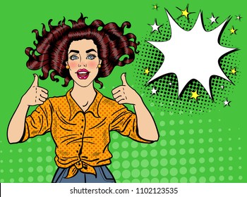 Pop Art Pretty Woman Posing with Thumb Up Sign. Joyful Girl Vintage Poster with Comic Speech Bubble. Pin Up Advertising Placard Banner. Vector illustration