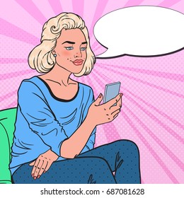 Pop Art Pretty Woman is Reading Text Message on Smartphone. Mobile Technologies. Vector illustration