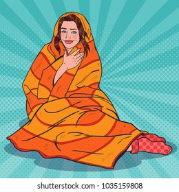 Pop Art Pretty Woman Relaxing Covered with Warm Blanket. Girl Feeling Cold. Vector illustration