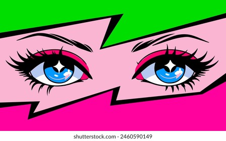 Pop art print with anime style eyes with long eyelashes and 90's neon retro make-up. Vector illustration in Japanese cartoon manga trendy design.