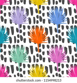 Pop Art Print Seamless Pattern with Clorful Palm Leaves and Black Brush Strokes Background 