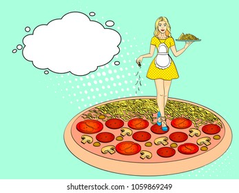 Pop art process of cooking pizza. Cheese pours over the girl cook, young and beautiful. Not the standard size of a woman, small. Comic style imitation. Vintage retro style. Text bubble.