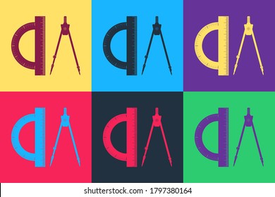 Pop art Protractor and drawing compass icons isolated on color background. Drawing professional instrument. Geometric equipment. Education sign. Vector.