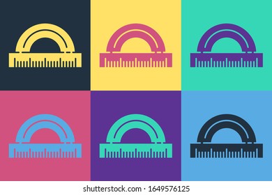 Cuadrícula de Pop art Protractor para medir grados icono aislado en el fondo de color. Medidor de ángulo de inclinación. Herramienta de medición. Símbolo geométrico.  Ilustración vectorial