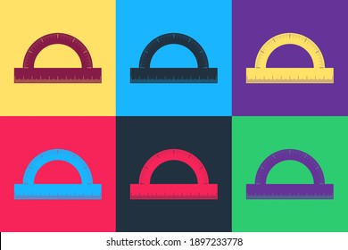 Cuadrícula de Pop art Protractor para medir grados de icono aislado en el fondo de color. Medidor de ángulo de inclinación. Herramienta de medición. Símbolo geométrico. Vector.