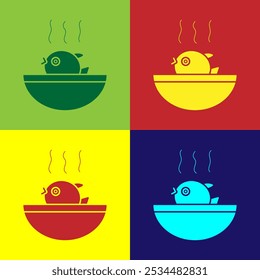 Icono de sopa de pescado de Pop arte Puffer aislado sobre fondo de color. Fugu pez pez pez globo japonés.  Vector