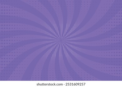 Pop art purple comic cover. Retro style background with sun rays and dots. Vector illustration