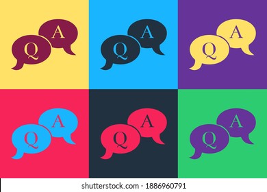 Marca Pop art Pregunta y respuesta en icono de burbuja de voz aislado en fondo de color. símbolo Q y A. Signo de FAQ. Copiar archivos, chats speech bubble. Vector.