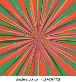 Pop art radial colorful comics book magazine cover. Striped red and green digital background. Cartoon funny retro pattern strip mock up. Vector halftone illustration. Sunburst, starburst shape.