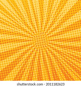 Pop art radial colorful comics book magazine cover. Striped orange and grey digital background. Cartoon funny retro pattern strip mock up. Vector halftone illustration. Sunburst, starburst shape.