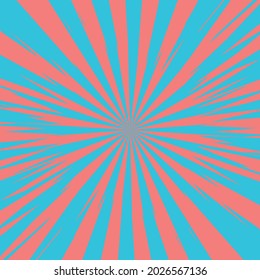 Pop art radial colorful comics book magazine cover. Striped blue and pink digital background. Cartoon funny retro pattern strip mock up. Vector halftone illustration. Sunburst, starburst shape.