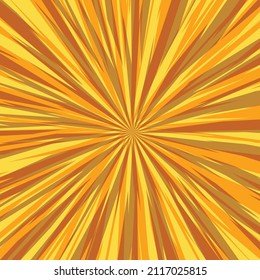 Pop art radial colorful comics book magazine cover. Striped yellow and brown digital background. Cartoon funny retro pattern strip mock up. Vector halftone illustration. Sunburst, starburst shape.