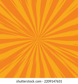 Pop art radial colorful comics book magazine cover. Striped yellow and orange digital background. Cartoon funny retro pattern strip mock up. Vector halftone illustration. Sunburst, starburst shape.