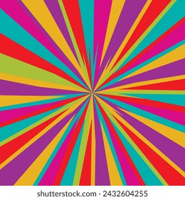 Pop art radial colorful comics book magazine cover. Striped color digital background. Cartoon funny retro pattern strip mock up. Vector halftone illustration. Sunburst, starburst shape.