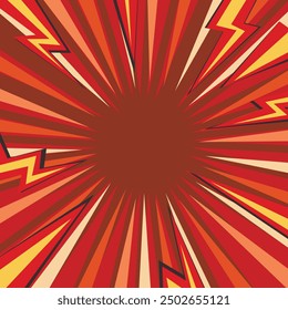 Pop art radial colorful comics book magazine cover. Striped color digital background with thunder flash. Cartoon funny retro pattern strip mock up. Vector halftone illustration. Sunburst shape.