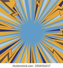 Pop art radial colorful comics book magazine cover. Striped color digital background with thunder flash. Cartoon funny retro pattern strip mock up. Vector halftone illustration. Sunburst shape.