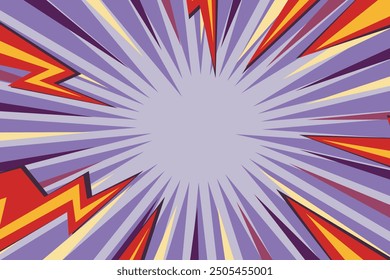 Pop art radial colorful comics book magazine cover. Striped color digital background with thunder flash. Cartoon funny retro pattern strip mock up. Vector halftone illustration. Sunburst shape.