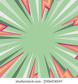 Pop art radial colorful comics book magazine cover. Striped color digital background with thunder flash. Cartoon funny retro pattern strip mock up. Vector halftone illustration. Sunburst shape.
