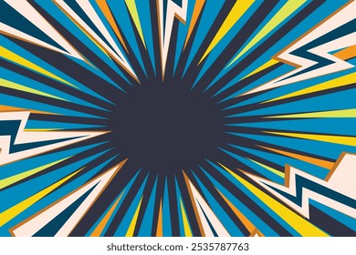 Pop art radial colorful comics book magazine cover. Striped color digital background with thunder flash. Cartoon funny retro pattern strip mock up. Vector halftone illustration. Sunburst shape.