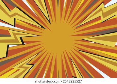 Pop art radial colorful comics book magazine cover. Striped color digital background with thunder flash. Cartoon funny retro pattern strip mock up. Vector halftone illustration. Sunburst shape.