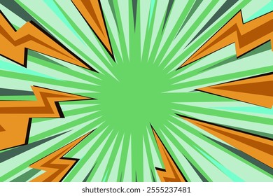 Pop art radial colorful comics book magazine cover. Striped color digital background with thunder flash. Cartoon funny retro pattern strip mock up. Vector halftone illustration. Sunburst shape.
