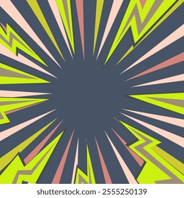 Pop art radial colorful comics book magazine cover. Striped color digital background with thunder flash. Cartoon funny retro pattern strip mock up. Vector halftone illustration. Sunburst shape.