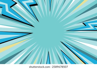 Pop art radial colorful comics book magazine cover. Striped color digital background with thunder flash. Cartoon funny retro pattern strip mock up. Vector halftone illustration. Sunburst shape.