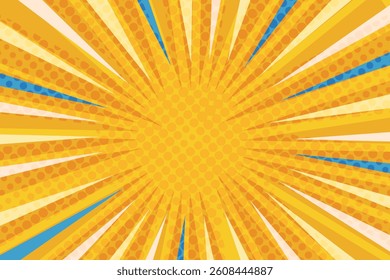 Pop art radial colorful comics book magazine cover. Striped color digital background with thunder flash. Cartoon funny retro pattern strip mock up. Vector halftone illustration. Sunburst shape.