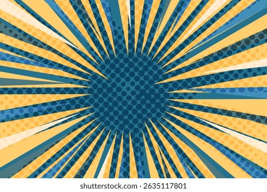 Pop art radial colorful comics book magazine cover. Striped color digital background with thunder flash. Cartoon funny retro pattern strip mock up. Vector halftone illustration. Sunburst shape.