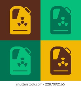 Pop art Radioactive waste in barrel icon isolated on color background. Toxic refuse keg. Radioactive garbage emissions, environmental pollution.  Vector