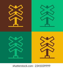 Pop art Railroad crossing icon isolated on color background. Railway sign.  Vector