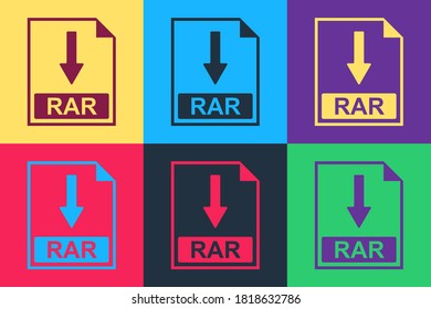 Pop art RAR file document icon. Download RAR button icon isolated on color background. Vector.