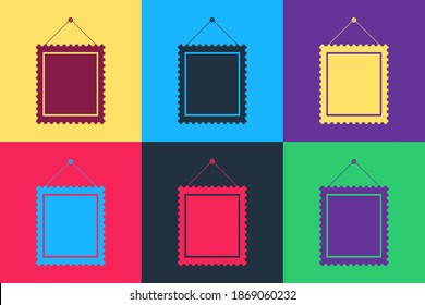 Pop art Rectangular picture frame hanging on the wall icon isolated on color background. Vector.