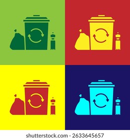 Pop art Lixeira com ícone de símbolo de reciclagem isolado no fundo da cor. Ícone de lixeira. Sinal de lixeira. Cesta de reciclagem.  Ilustração de vetor