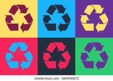 Pop art Recycle symbol icon isolated on color background. Circular arrow icon. Environment recyclable go green. Vector.