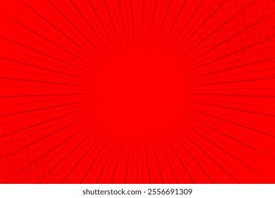 Pop art red burst background. Sunbeam comic book radial lines superhero action explosion lightning blast backdrop with halftone dots. Anime manga retro vintage background vector illustration.