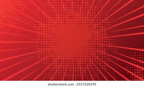 Pop art red comics book cartoon magazine cover. Cartoon funny retro pattern strip mock up. Vector halftone illustration. Vintage backdrop for comic superhero text, speech bubble, message.