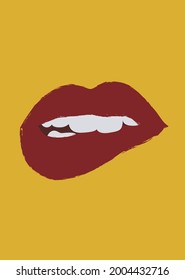 Pop art red lips on a yellow background. Contemporary art poster. Fashionable postcard for social networks. Vector illustration.