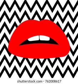 Pop art red lips on black white zigzag background. Stylish Illustration poster with comic. Color romantic fashion art. Beautiful kiss banner with lipstick. Valentine's day greeting design background