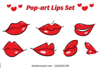 Pop art red lips set. Beautiful woman lips drawing. A set of glossy vector lips. Vector illustration isolated on white background - Vector