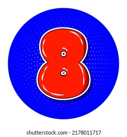 Pop art red number 8 over blue dotted circle.