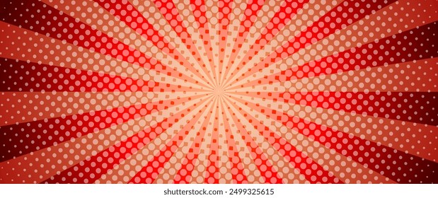 Pop art red and orange vintage comic magazine cover with rays. Cartoon vector halftone template. Pop Art illustration with halftone dots and rays. Red explosion rays background in cartoon style.