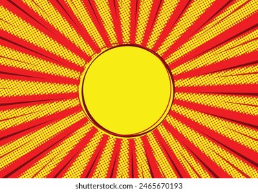 Pop arte rojo y amarillo Plantilla cómica. Dibujo animado divertido patrón retro de la tira de maquillaje. Vector de medio tono de fondo vintage para el texto de superhéroe de cómic, burbuja de habla, mensaje con espacio para copiar texto