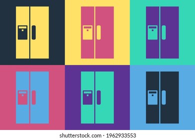 Pop art Refrigerator icon isolated on color background. Fridge freezer refrigerator. Household tech and appliances.  Vector