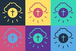 Pop Art Religious Cross In The Circle Icon Isolated On Color Background. Love Of God, Catholic And Christian Symbol. People Pray For Love And Peace.  Vector