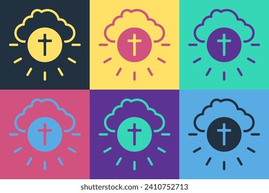 Pop art Religious cross in the circle icon isolated on color background. Love of God, Catholic and Christian symbol. People pray for love and peace.  Vector