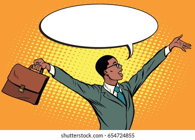 Pop art retro African businessman with briefcase hands up vector illustration
